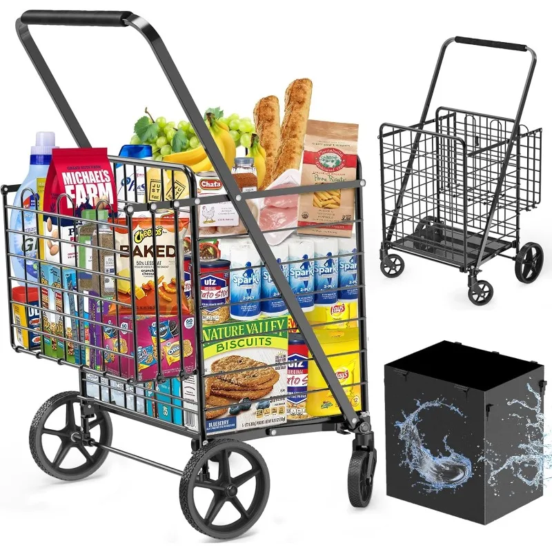 Extra-Large-Shopping-Cart-for-Groceries-450lbs-Heavy-Duty-Grocery-Cart-on-Wheels-Folding-Dual-Basket