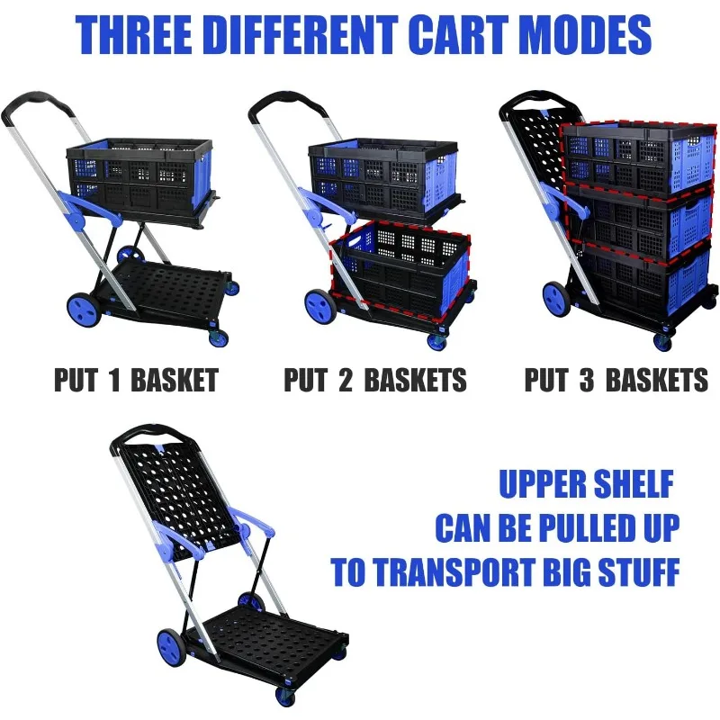 Folding-Shopping-Cart-Two-Tier-Collapsible-Cart-with-One-Crate-Heavy-Duty-Utility-Cart-with-Multiple-4