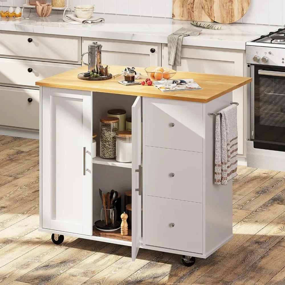 Rolling-Kitchen-Island-Cart-With-Folding-Drop-Leaf-Breakfast-Bar-Trolley-Shelf-and-Drawer-WhiteFreight-Free